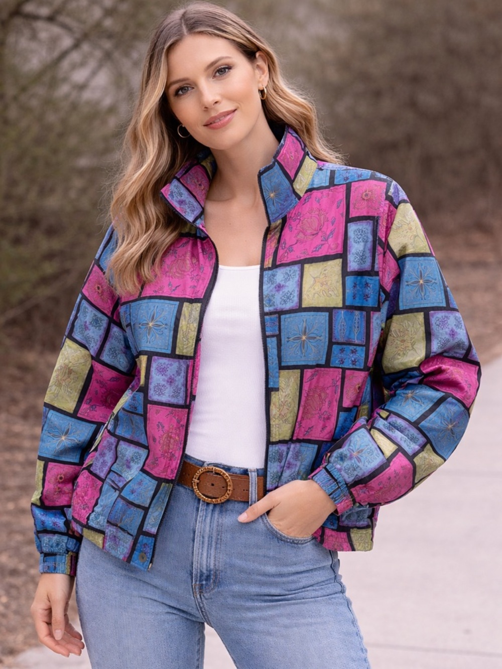 Cervelle Vintage Colorful Patchwork 100% Silk Women's Jacket/Windbreaker, 2XL